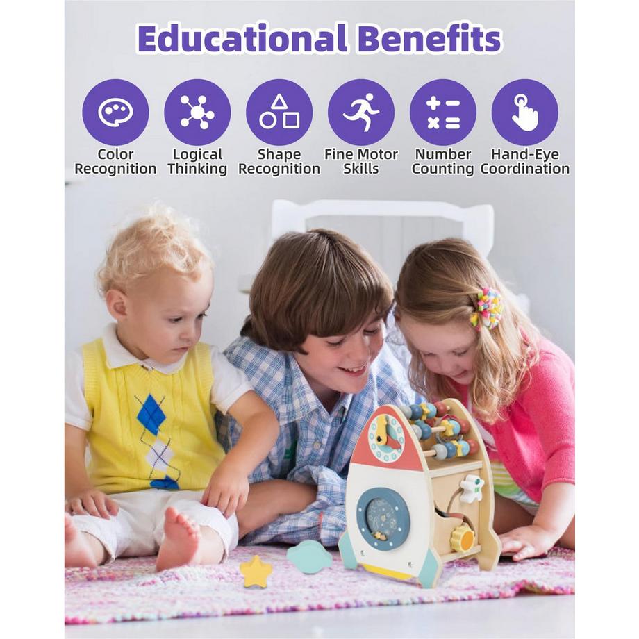 Activity-board  Motorikwürfel aus Holz, Baby-Holzspielzeug, Bewegliches 7 in 1 Lernspielzeug für Kleinkinder mit Abakus, Formenpuzzle, Uhr, Labyrinth 