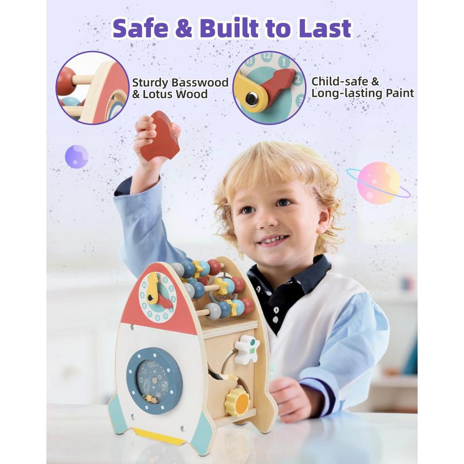 Activity-board  Motorikwürfel aus Holz, Baby-Holzspielzeug, Bewegliches 7 in 1 Lernspielzeug für Kleinkinder mit Abakus, Formenpuzzle, Uhr, Labyrinth 