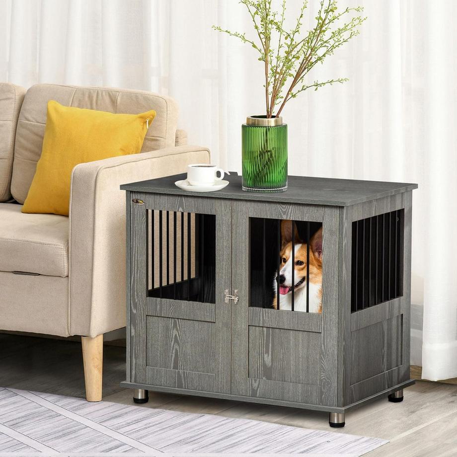 Northio  Cage pour chien pour la maison, cage pour animaux de compagnie, chenil d'intérieur avec serrure, porte magnétique, niche pour chien avec fenêtre, niche pour chiens de petite et moyenne taille, gris, 85 x 55 x 87 cm 
