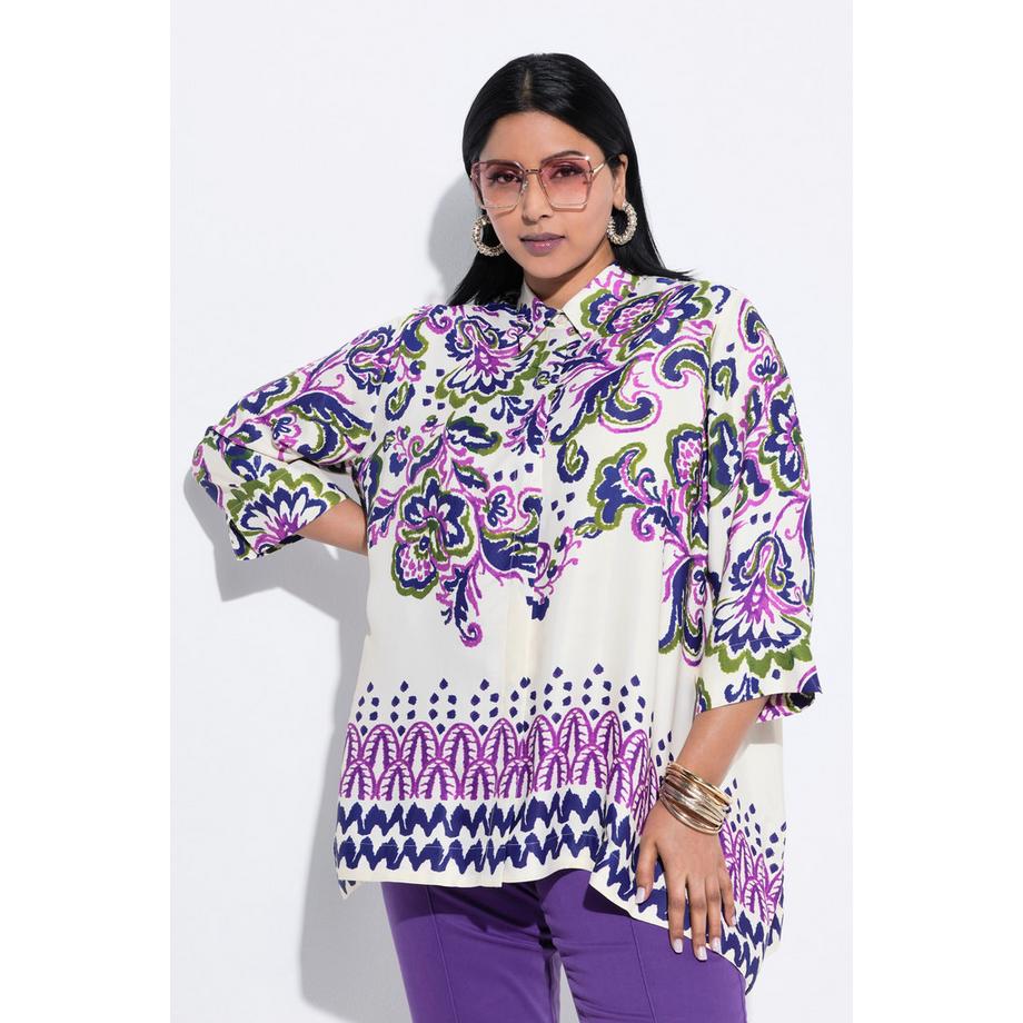 Ulla Popken Chemisier coupe évasée motif cachemire col chemise et manches 3/4  