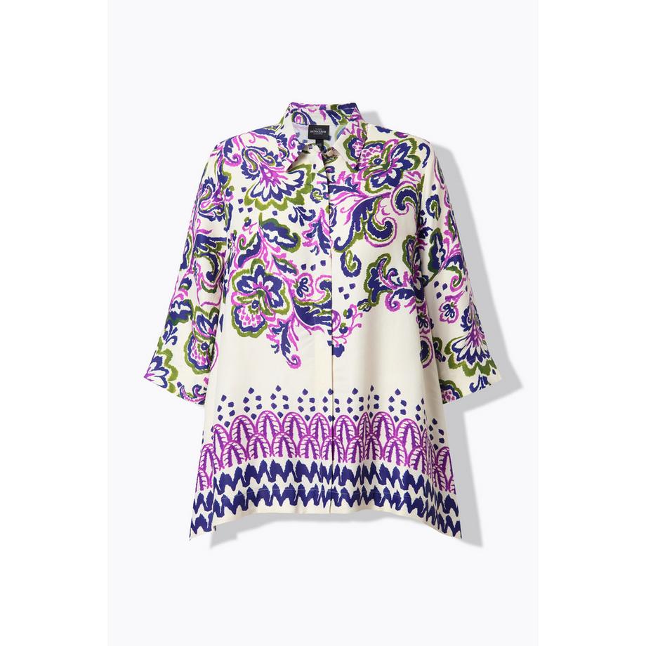 Ulla Popken Chemisier coupe évasée motif cachemire col chemise et manches 3/4  