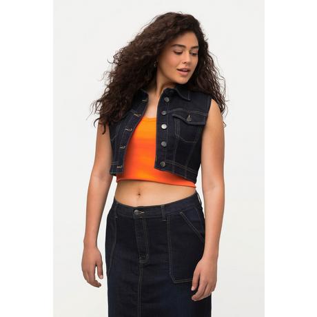 Ulla Popken  Gilet en jean, coupe slim courte sans manches, col chemise, matière recyclée 