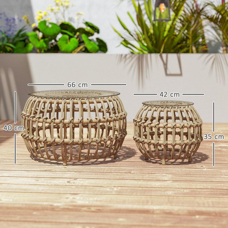 Northio 2er Set Beistelltisch Polyrattan Ø66/42 cm rund wetterfest Gartentisch mit Glasplatte Outdoor Balkontisch Couchtisch Gartenmöbel für Garten, Balkon Braun |  