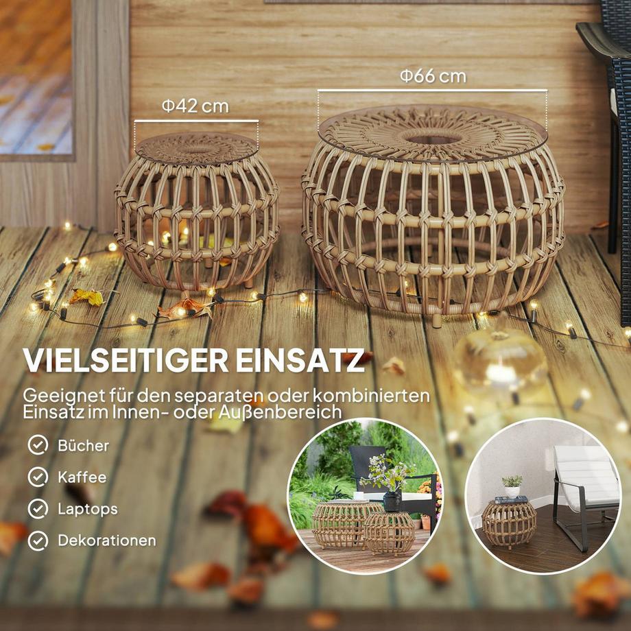 Northio 2er Set Beistelltisch Polyrattan Ø66/42 cm rund wetterfest Gartentisch mit Glasplatte Outdoor Balkontisch Couchtisch Gartenmöbel für Garten, Balkon Braun |  