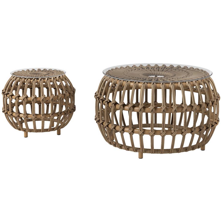 2er Set Beistelltisch Polyrattan Ø66/42 cm rund wetterfest Gartentisch mit Glasplatte Outdoor Balkontisch Couchtisch Gartenmöbel für Garten, Balkon Braun |