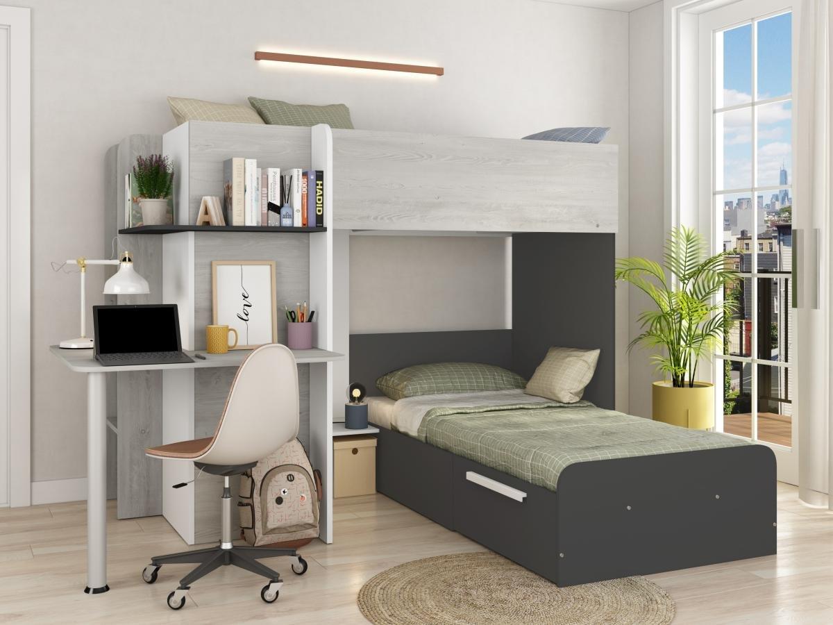 Vente-unique Lits superposés d'angle 2 x 90 x 190 cm - Avec bureau - Gris, blanc et noir + Matelas - SAMUEL  