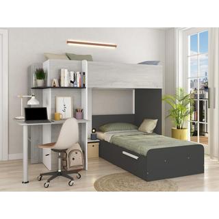 Vente-unique Lits superposés d'angle 2 x 90 x 190 cm - Avec bureau - Gris, blanc et noir + Matelas - SAMUEL  