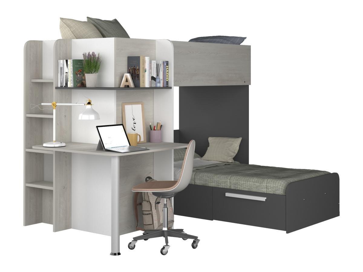 Vente-unique Lits superposés d'angle 2 x 90 x 190 cm - Avec bureau - Gris, blanc et noir + Matelas - SAMUEL  