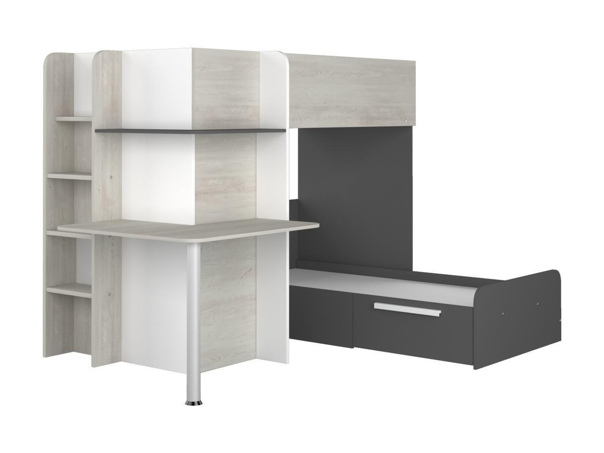 Vente-unique Lits superposés d'angle 2 x 90 x 190 cm - Avec bureau - Gris, blanc et noir + Matelas - SAMUEL  