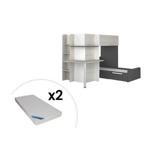 Vente-unique Lits superposés d'angle 2 x 90 x 190 cm - Avec bureau - Gris, blanc et noir + Matelas - SAMUEL  