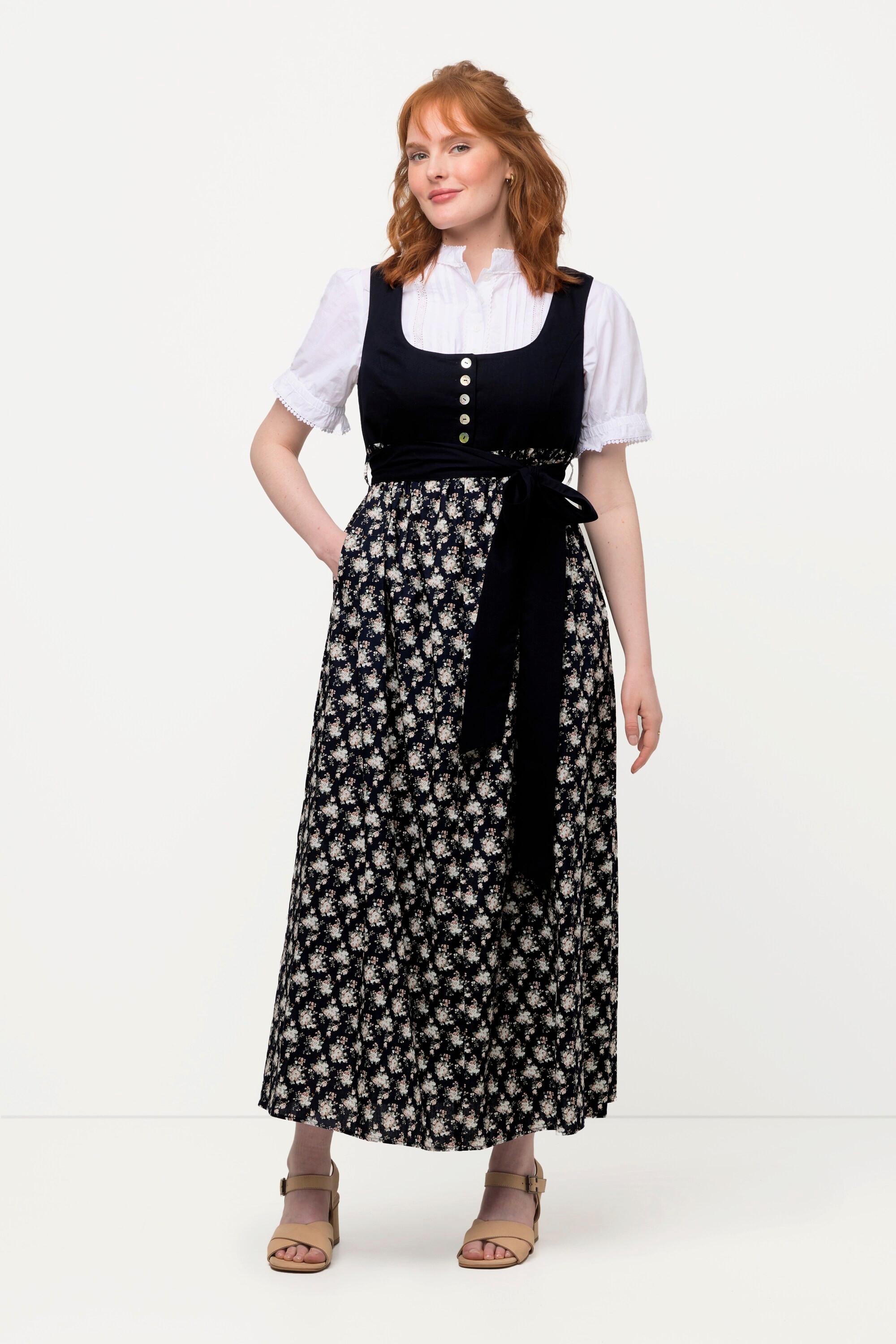 Ulla Popken  Dirndl, Blüten, Bindeband, Carree-Ausschnitt, ärmellos 