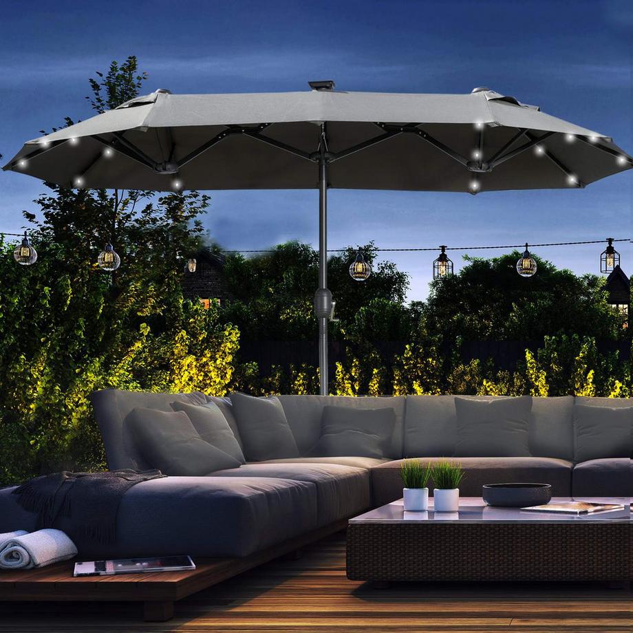 Northio Doppelsonnenschirm, 295 x 219cm, Sonnenschirmmit LED, oval, Gartenschirm windfest, stabil, Marktschirm mit verstellbarem Neigungswinkel für Terrasse, Pool, Polyester, Stahl, Dunkelgrau |  