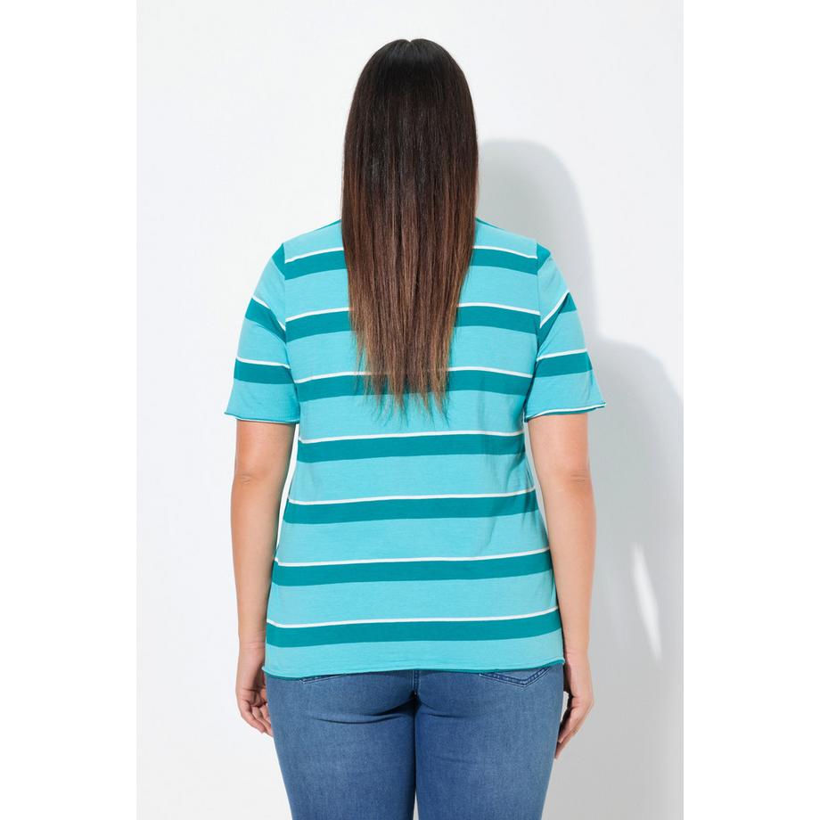 Ulla Popken T-shirt Rayé Broderie Encolure Ronde Manches Courtes Bords Roulottés  