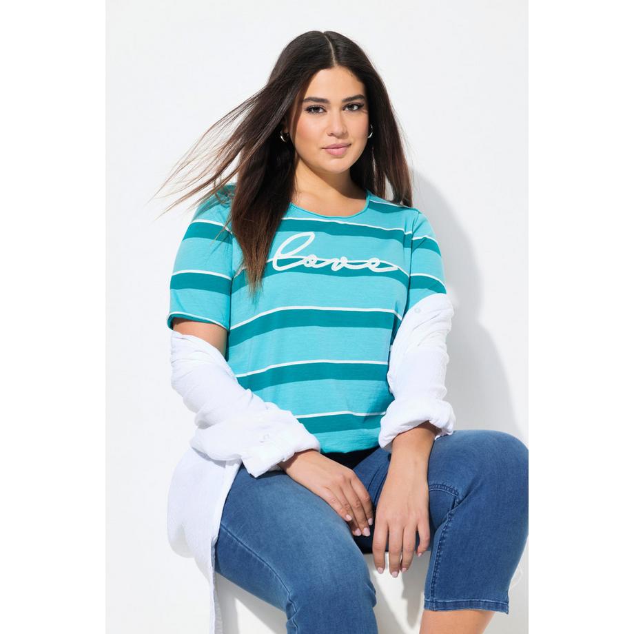 Ulla Popken T-shirt Rayé Broderie Encolure Ronde Manches Courtes Bords Roulottés  