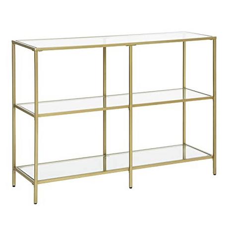 Pricenet Eleganter goldener Konsolentisch mit 3 Regalen und Glasplatten  