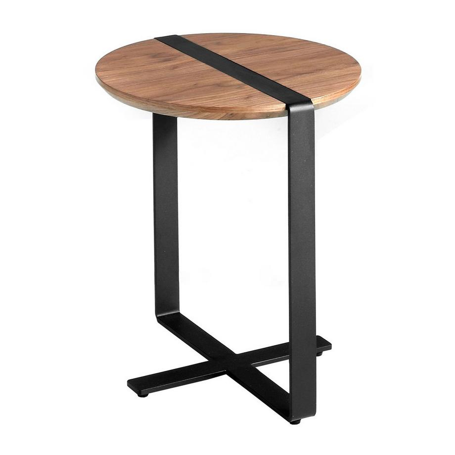 ANGEL CERDA Table d'angle ronde en noyer et acier noir  