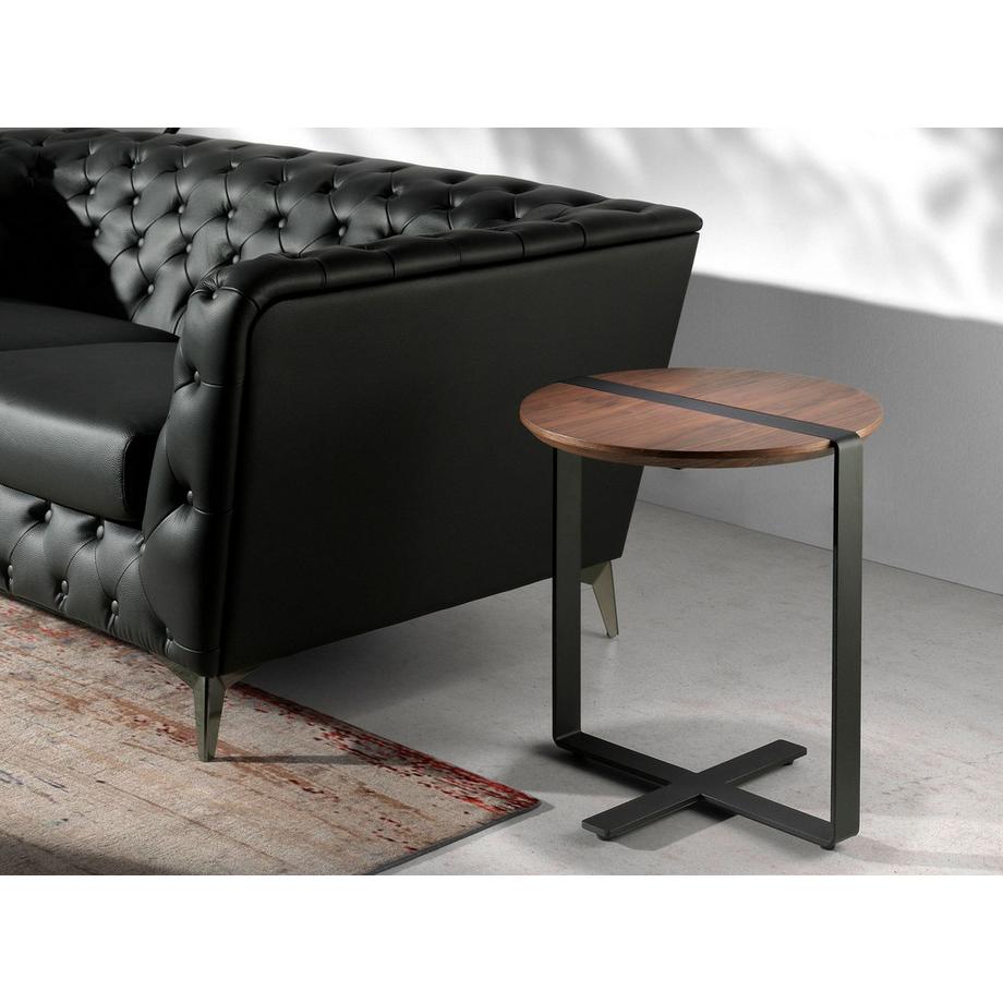 ANGEL CERDA Table d'angle ronde en noyer et acier noir  