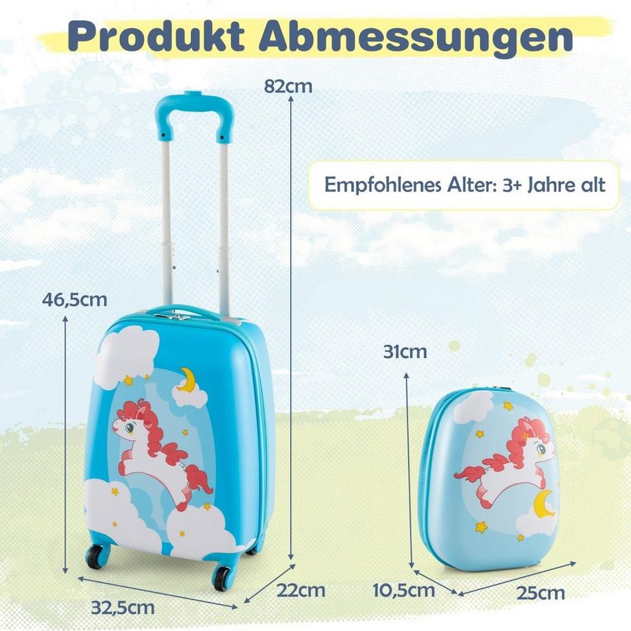 Northix  Valise enfant 2 pièces + sac à dos en plastique trolley enfant bagage enfant 12"+16" cheval bleu 