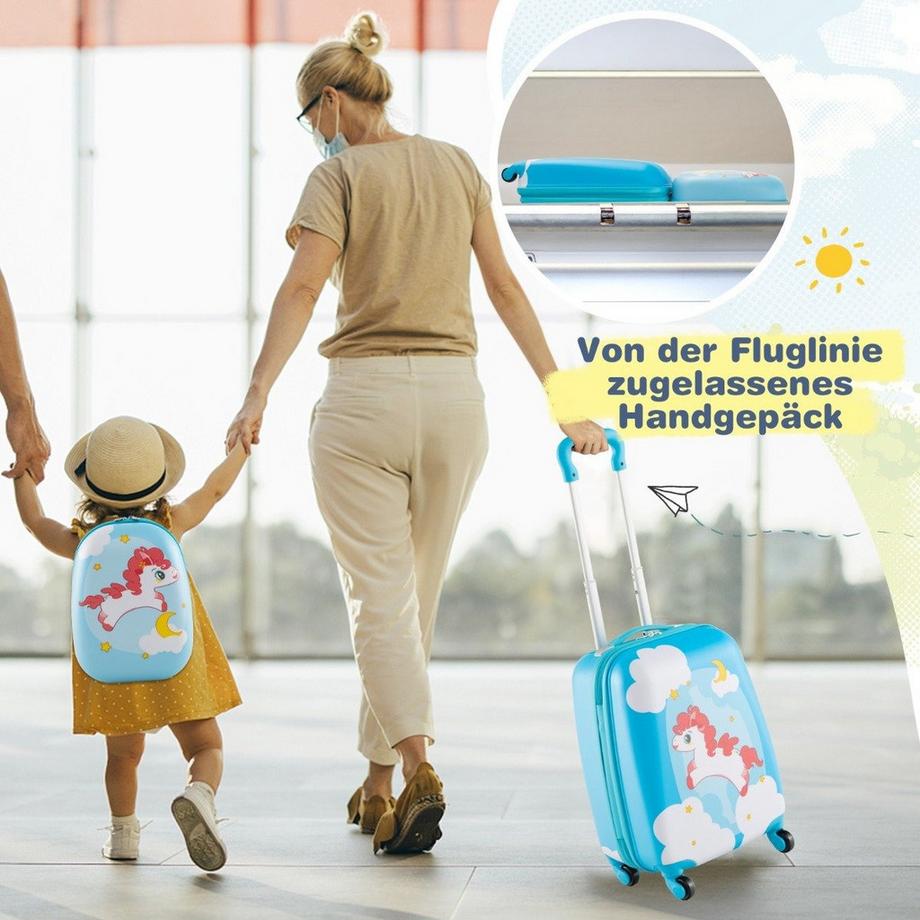 Northix  Valise enfant 2 pièces + sac à dos en plastique trolley enfant bagage enfant 12"+16" cheval bleu 