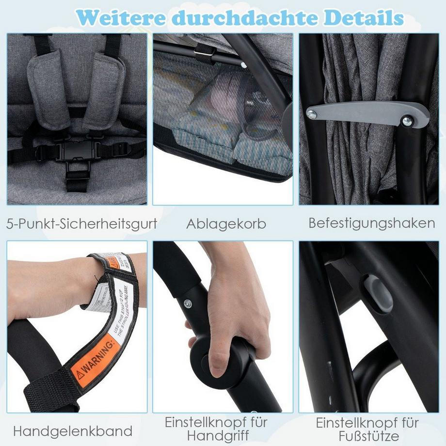 B2X  Geschwister Kinderwagen Faltbarer Geschwisterwagen Zwillingswagen Zwillingsbugg Grau 