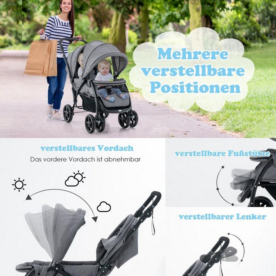 B2X  Geschwister Kinderwagen Faltbarer Geschwisterwagen Zwillingswagen Zwillingsbugg Grau 