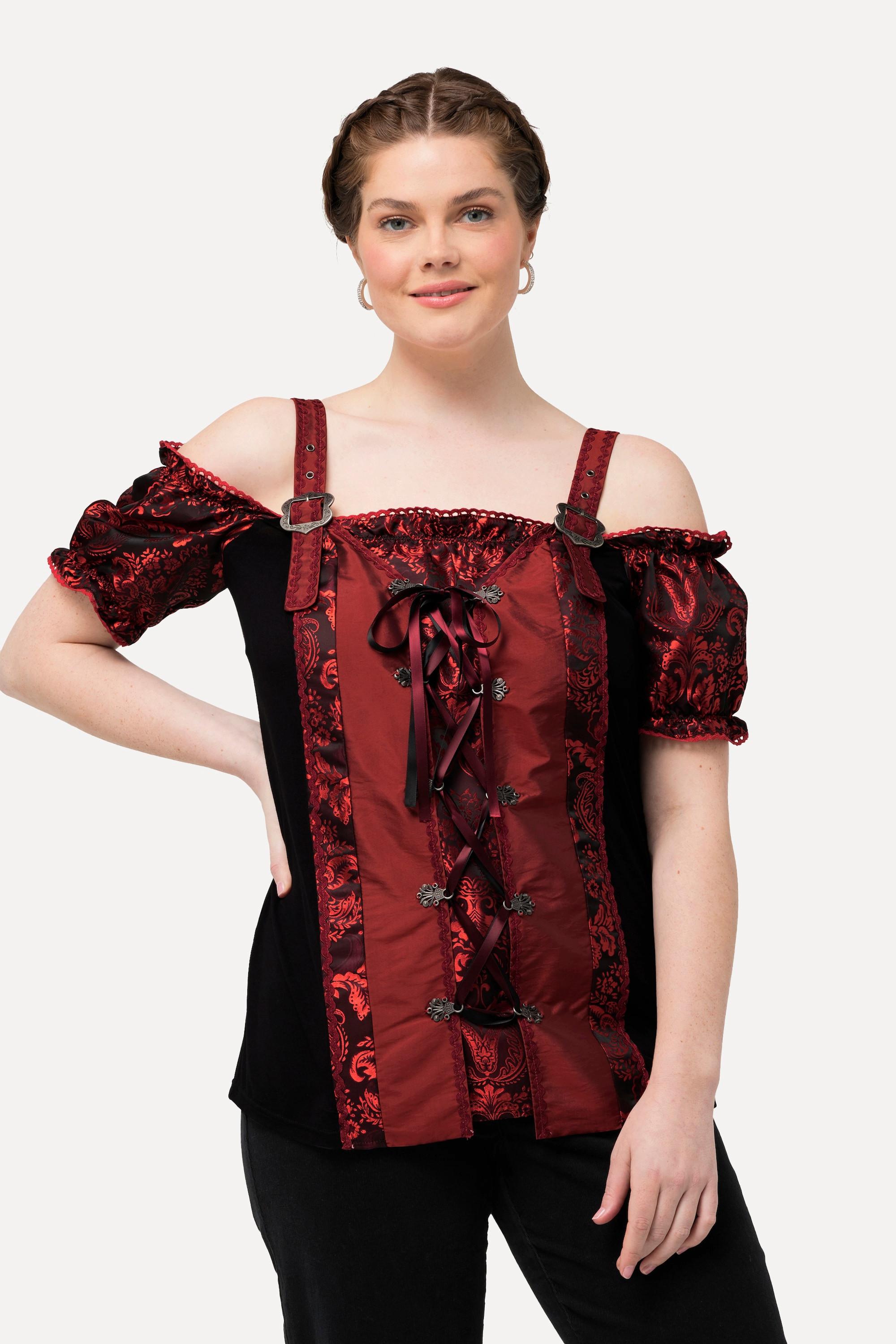 Ulla Popken  Blouse s'inspirant des tenues traditionnelles bavaroises. Bretelles, dentelle et laçage. Manches courtes 