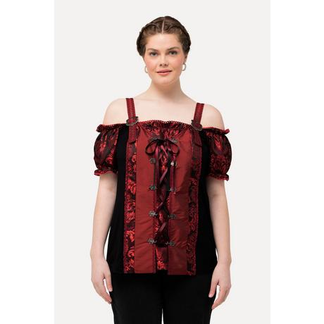 Ulla Popken  Blouse s'inspirant des tenues traditionnelles bavaroises. Bretelles, dentelle et laçage. Manches courtes 