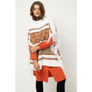 Poncho oversize, motif ethnique, franges