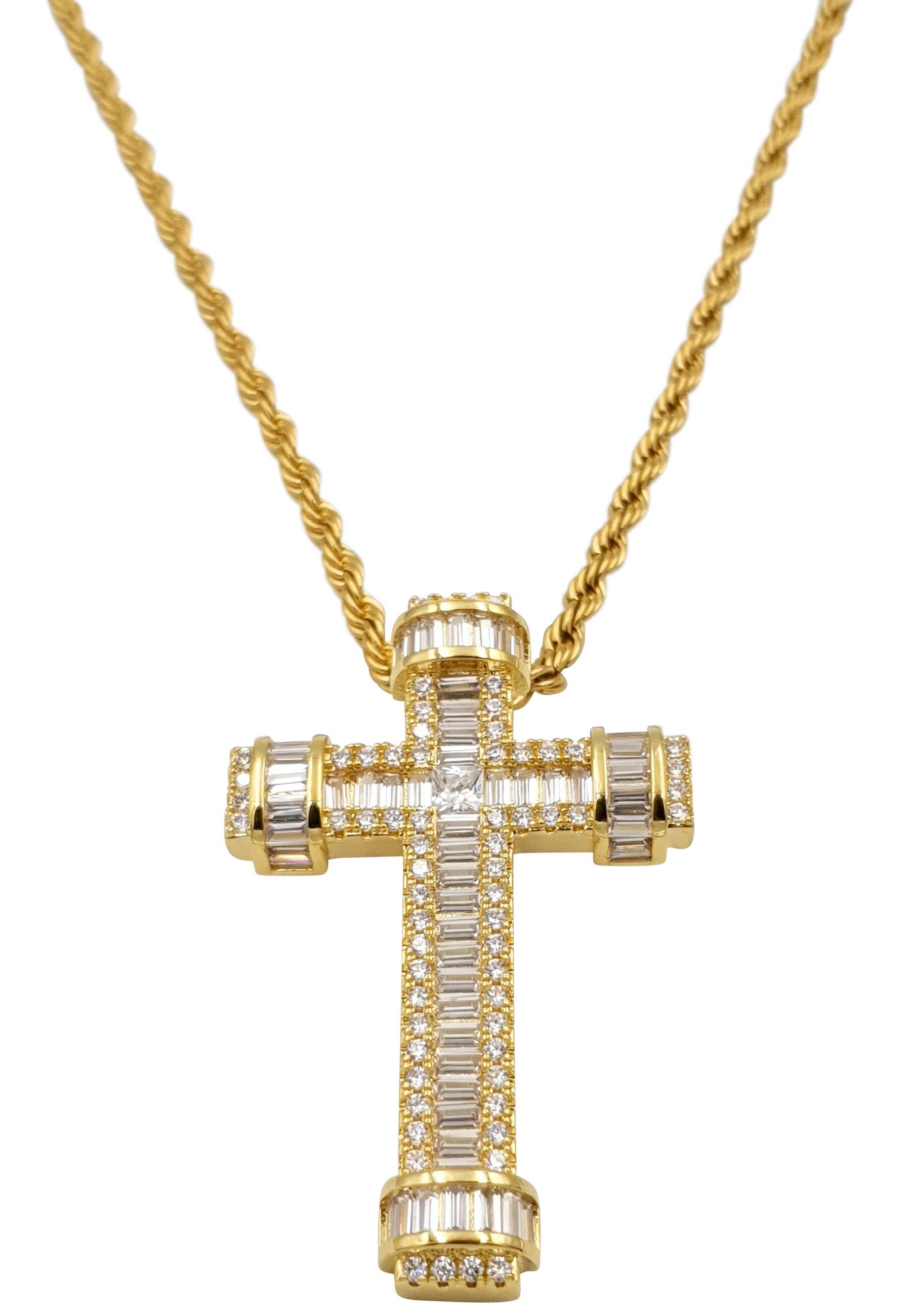 Image of Zirkonia Kreuz Kette, Hip-hop-style Damen Gelbgold 60 cm