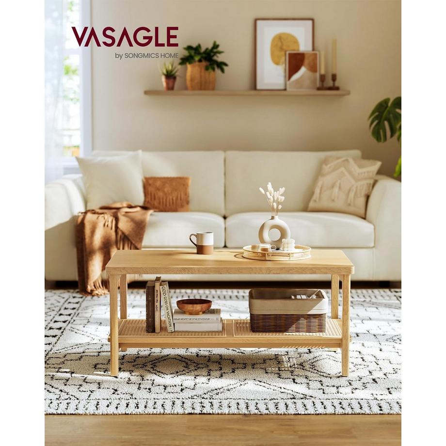 Pricenet  Boho Couchtisch mit Rattanregal, Eiche Beige 
