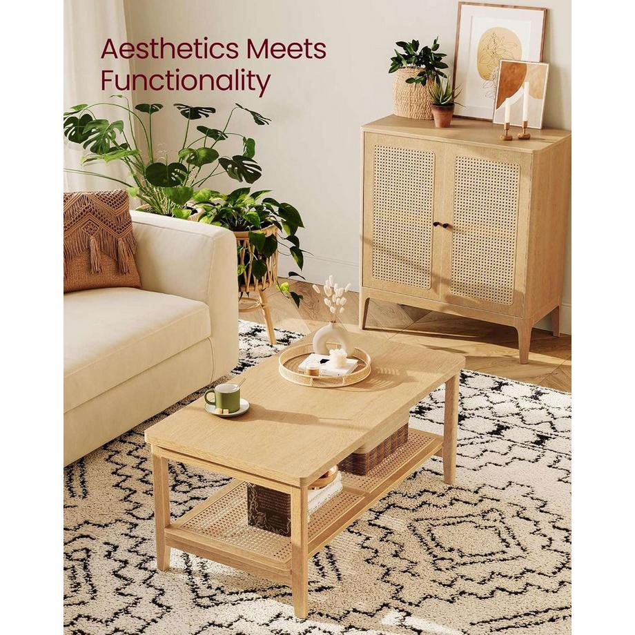 Pricenet  Boho Couchtisch mit Rattanregal, Eiche Beige 