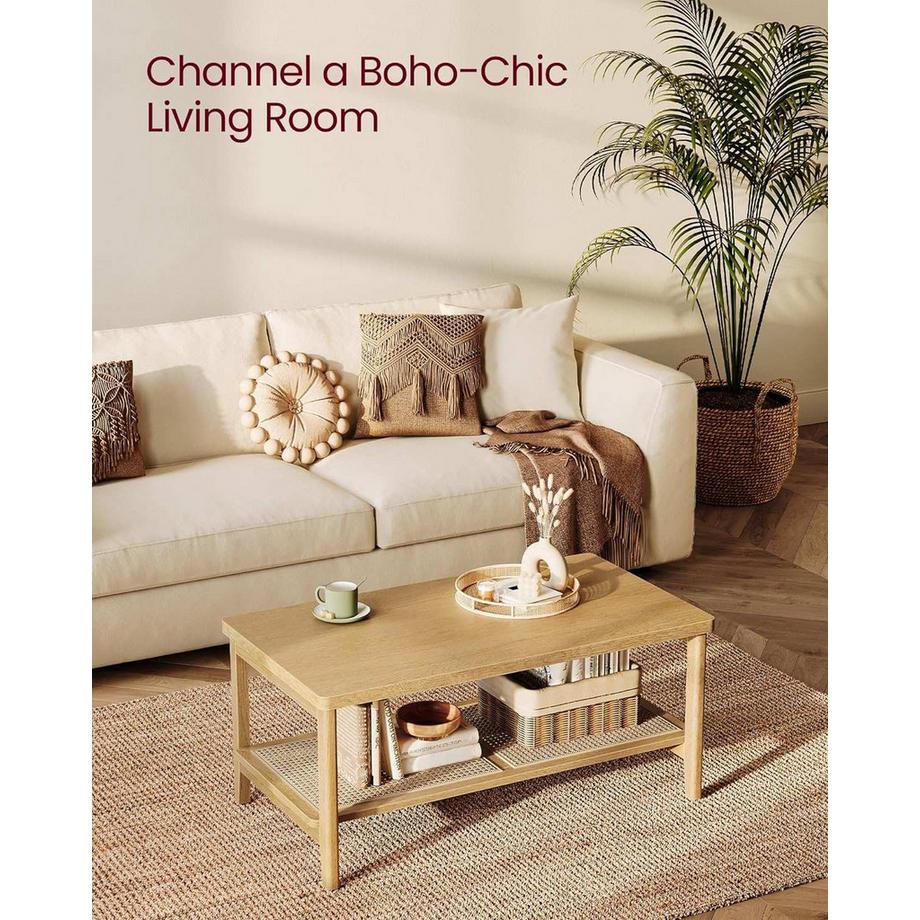 Pricenet  Boho Couchtisch mit Rattanregal, Eiche Beige 