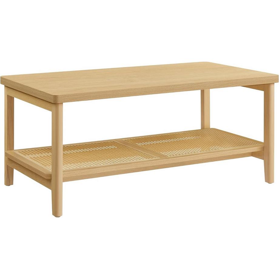 Pricenet  Boho Couchtisch mit Rattanregal, Eiche Beige 