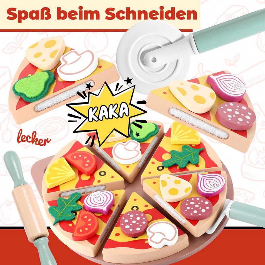 Activity-board  Kinderküchenzubehör Pizza Set Holz - 27 Stück Spielküchenpizza Spielzeug für Kinder 