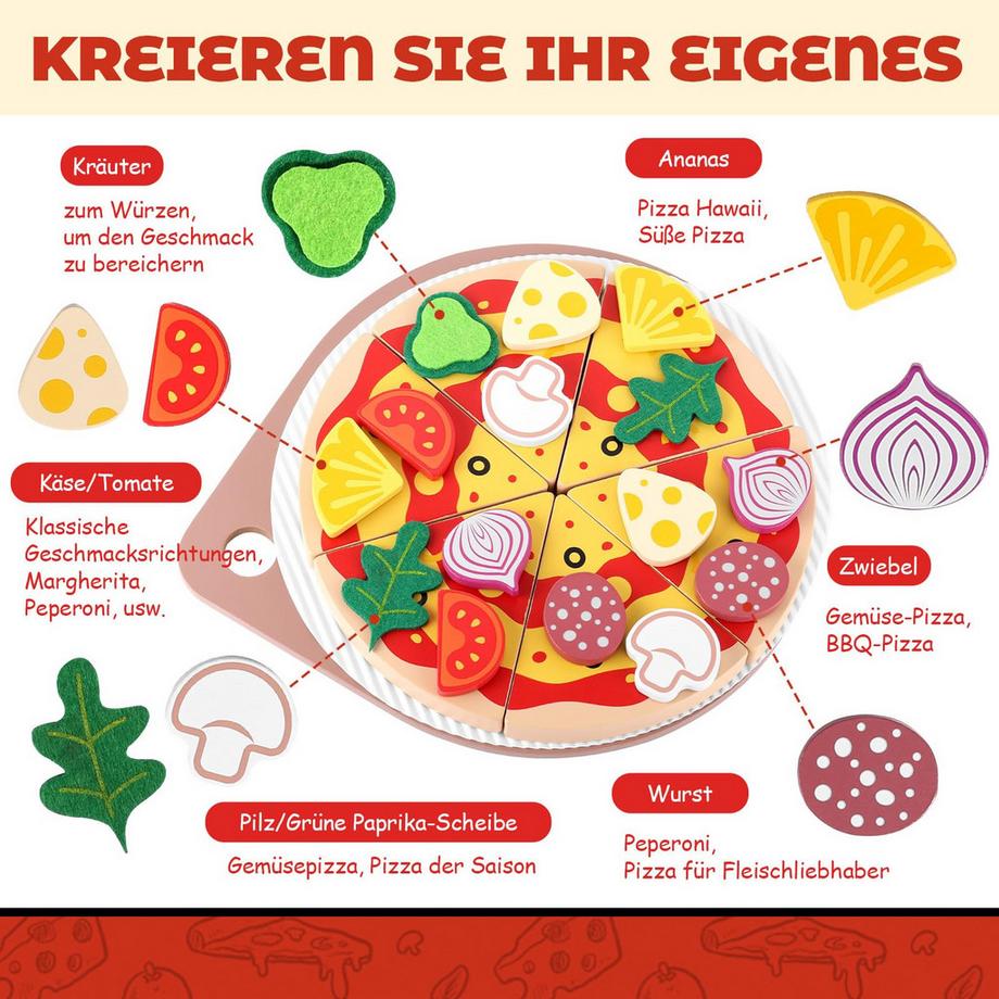 Activity-board  Kinderküchenzubehör Pizza Set Holz - 27 Stück Spielküchenpizza Spielzeug für Kinder 