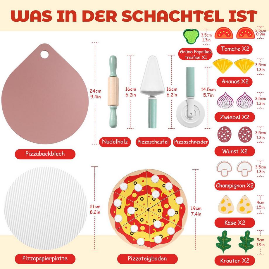 Activity-board  Kinderküchenzubehör Pizza Set Holz - 27 Stück Spielküchenpizza Spielzeug für Kinder 