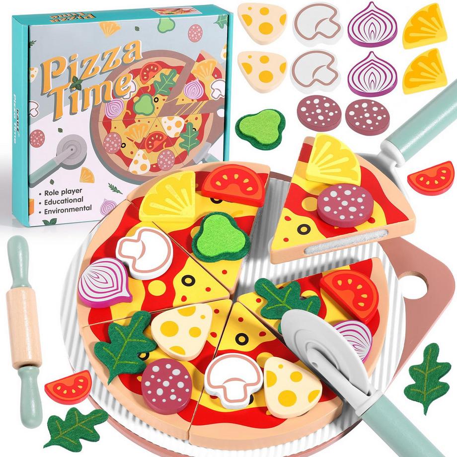 Activity-board  Kinderküchenzubehör Pizza Set Holz - 27 Stück Spielküchenpizza Spielzeug für Kinder 