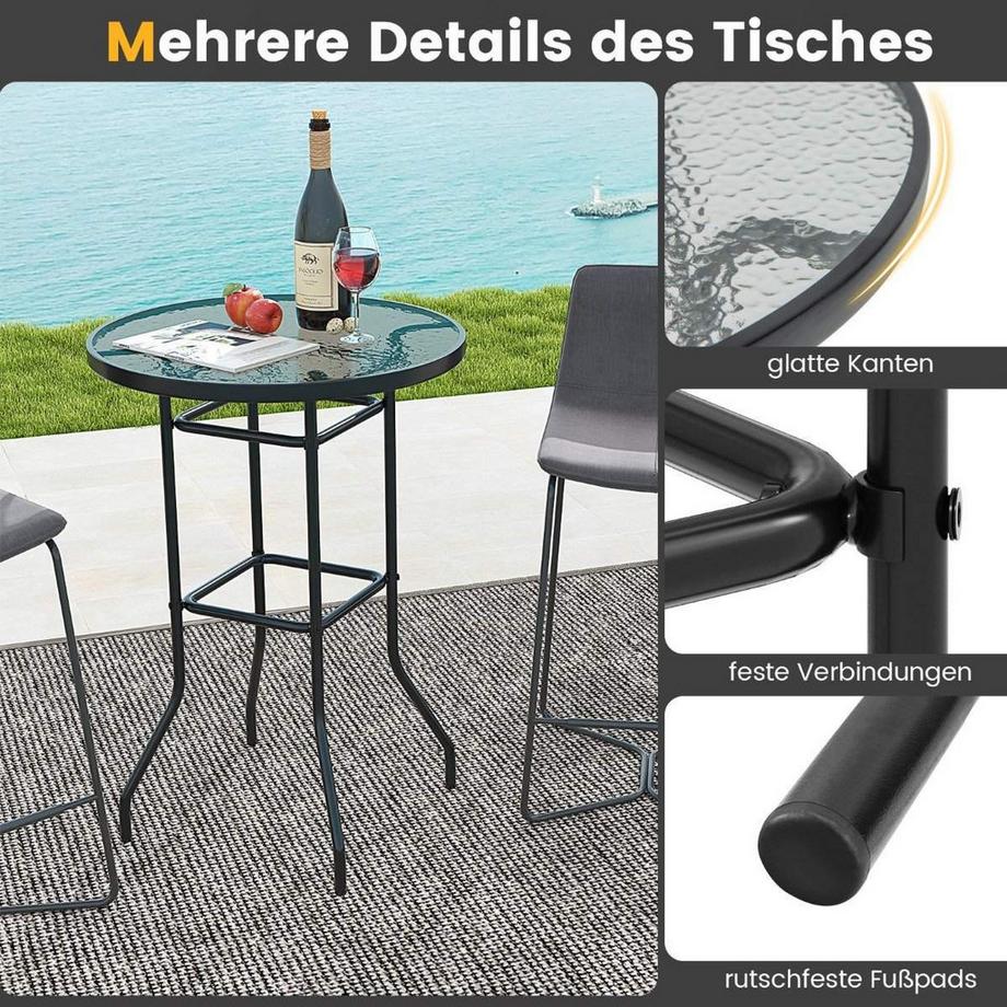 B2X Hoher Gartentisch Stehtisch runder Bistrotisch mit Tischplatte aus gehärtetem Glas 68 x 68 x 97 cm Schwarz  