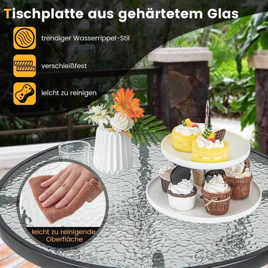 B2X Hoher Gartentisch Stehtisch runder Bistrotisch mit Tischplatte aus gehärtetem Glas 68 x 68 x 97 cm Schwarz  
