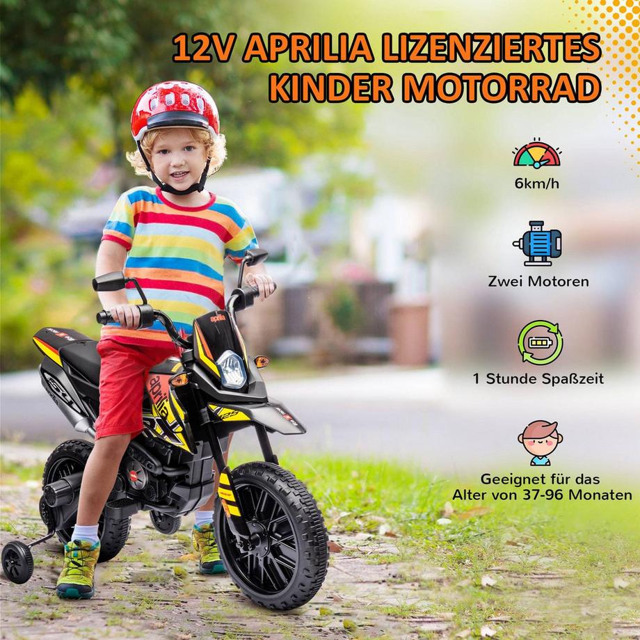 Northio  Kinder Elektro-Motorrad, 12V Kindermotorrad mit Musik, 6 km/h Kinderfahrzeug mit abnehmbar Trainingsrädern, 12 Zoll Kunststoffreifen, für 3-8 Jahre Kinder, max. 30 kg, Gelb 