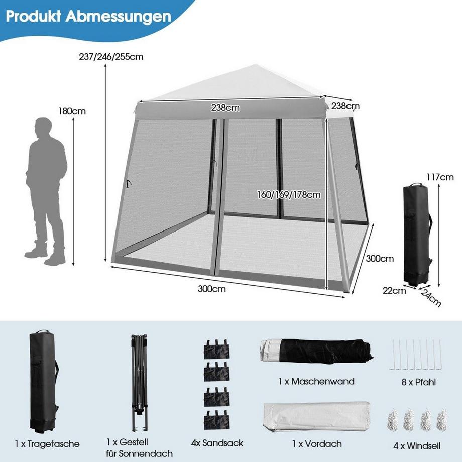 Northix Grande tente de fête à auvent de 3 m x 3 m avec pieds inclinés gris  