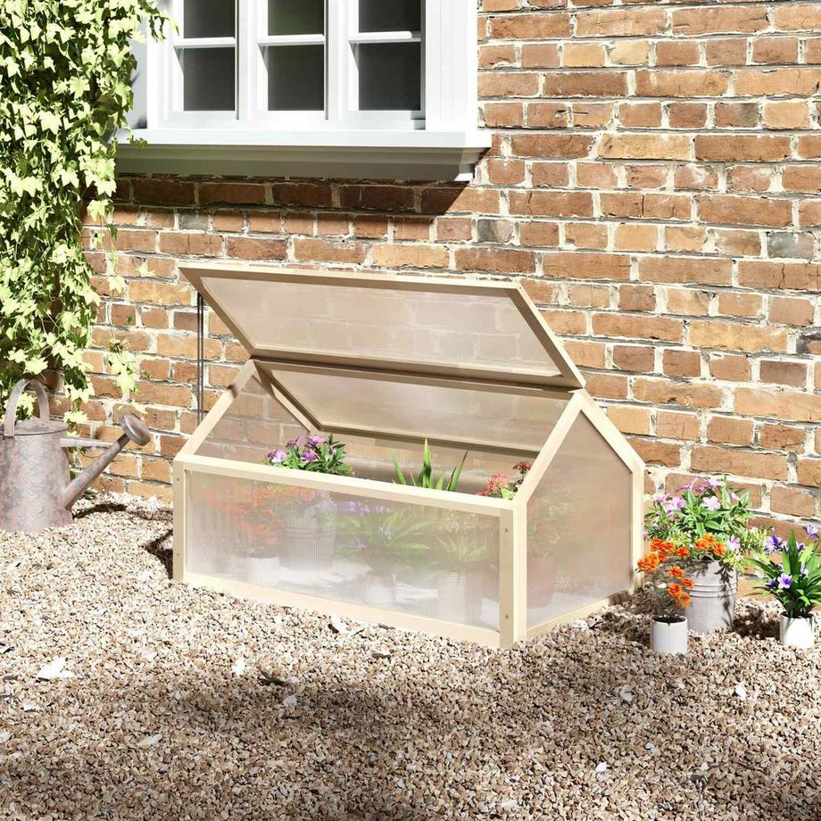 Northio Frühbeet aus Holz, Mini Gewächshaus 90 x 52 x 49,5 cm, Treibhaus mit Abdeckung, lichtdurchlässig Frühbeetkasten, winterfest Hochbeet für Garten, Balkon, Naturholz Aosom  