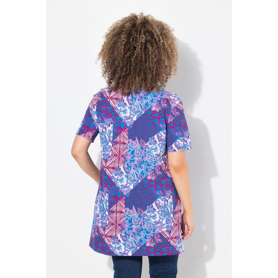 Ulla Popken Longshirt Patchdruck A-Linie V-Ausschnitt Halbarm  