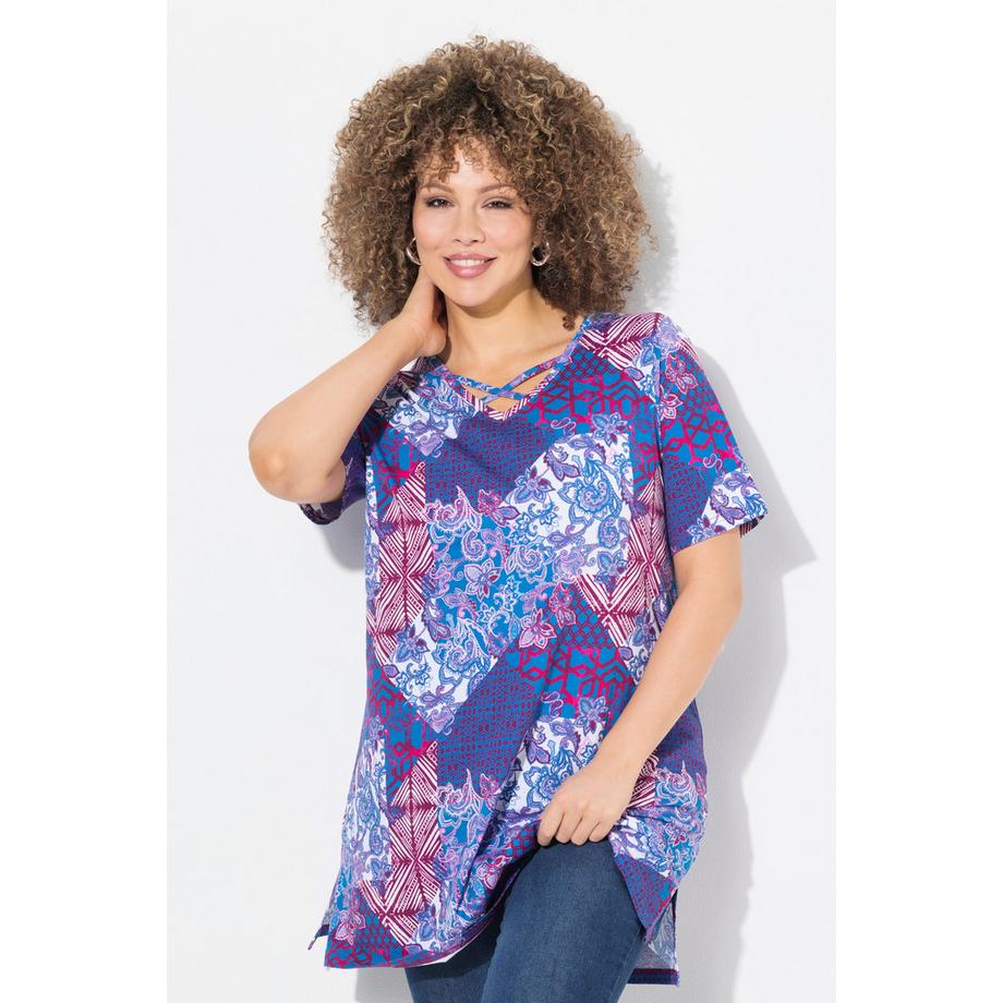 Ulla Popken Longshirt Patchdruck A-Linie V-Ausschnitt Halbarm  