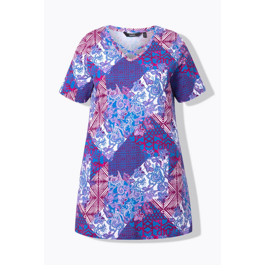 Ulla Popken Longshirt Patchdruck A-Linie V-Ausschnitt Halbarm  