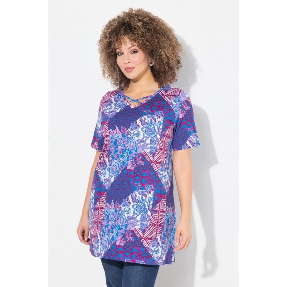 Ulla Popken Longshirt Patchdruck A-Linie V-Ausschnitt Halbarm  