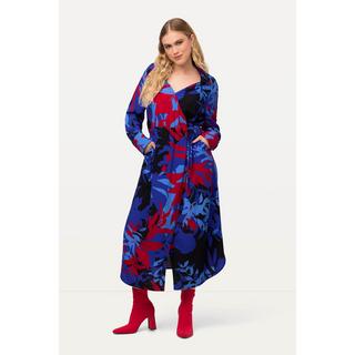 Ulla Popken  Robe midi à manches longues et col en V. Ligne en A et imprimé floral. 