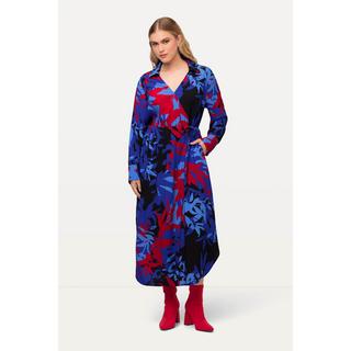 Ulla Popken  Robe midi à manches longues et col en V. Ligne en A et imprimé floral. 