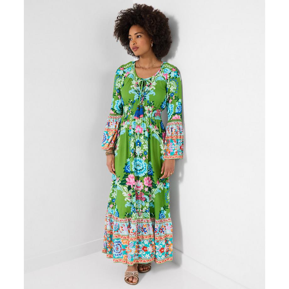 Crinkle-Maxikleid mit Bordüren-Print und Quastendetail