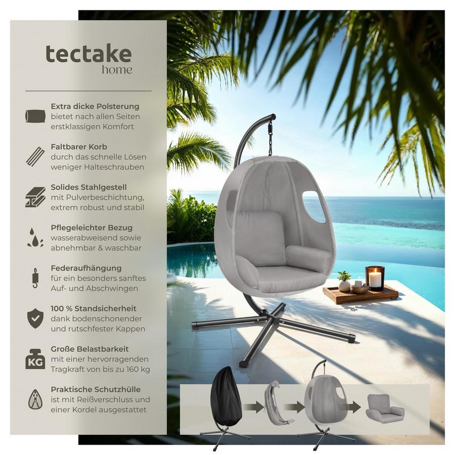 Tectake Hängesessel Anika mit extra dickem Sitzkissen, 360° drehbar stabil, bodenschonend und faltbar  
